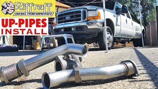 2001 F350 73  RiffRaff UpPipes Install  Stock up pipes leaking and falling apart JUNK SP [upl. by Ayotac]